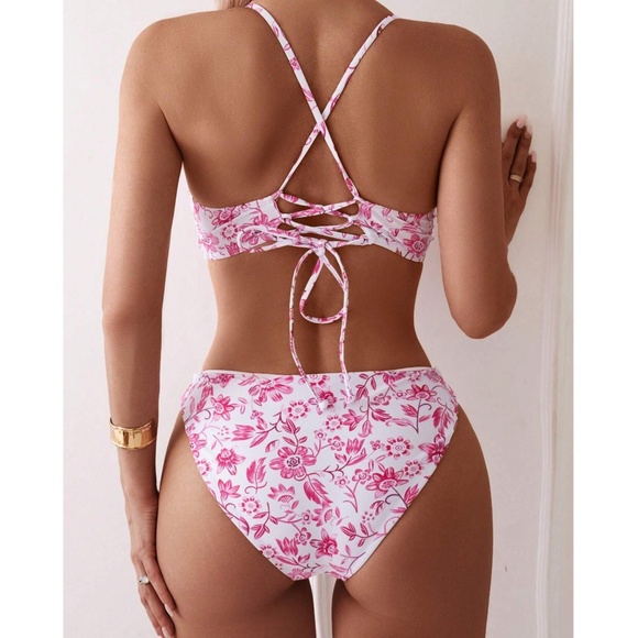 Boho Floral Print Criss Cross Lace up Bikini Swimsuit - Picture 1 of 5